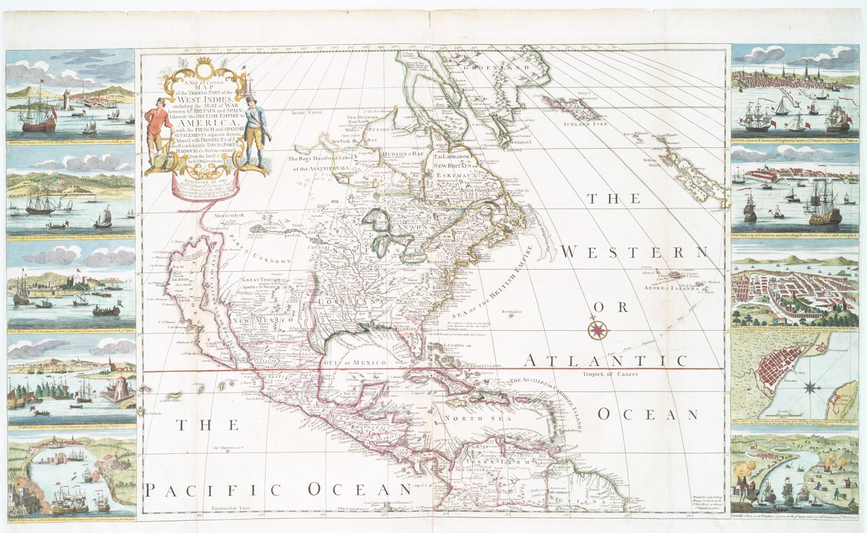 Um mapa novo e correto da parte comercial das Índias Ocidentais, 1741 (impressão colorida à mão) de Henry Overton