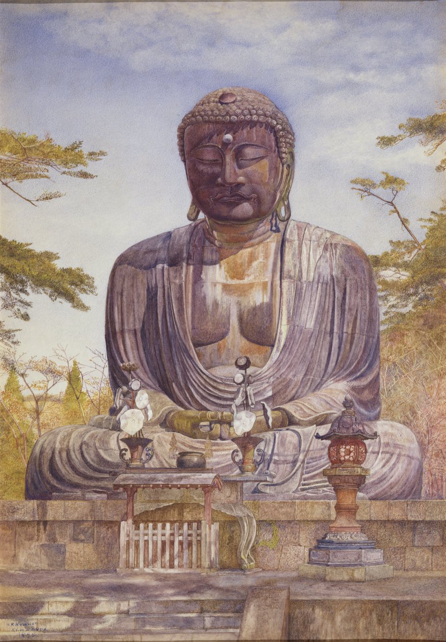 Daibutsu, grande estátua de bronze de Buda em Kamakura, Japão (wc no papel) de Henry Roderick Newman