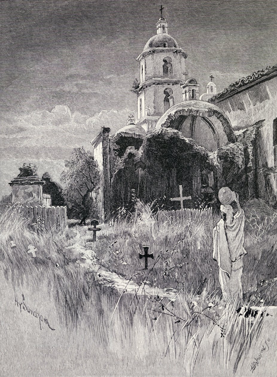 Cemitério e missão, San Luis Rey de Francia, Califórnia, de &39;The Century Illustrated Monthly Magazine&39;, de maio a outubro de 1883 de Henry Sandham