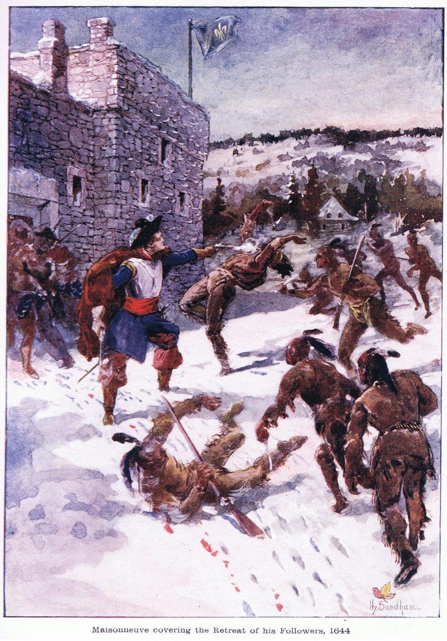 Maisonneuve cobrindo o recuo de seus seguidores 1644, c.1920 de Henry Sandham