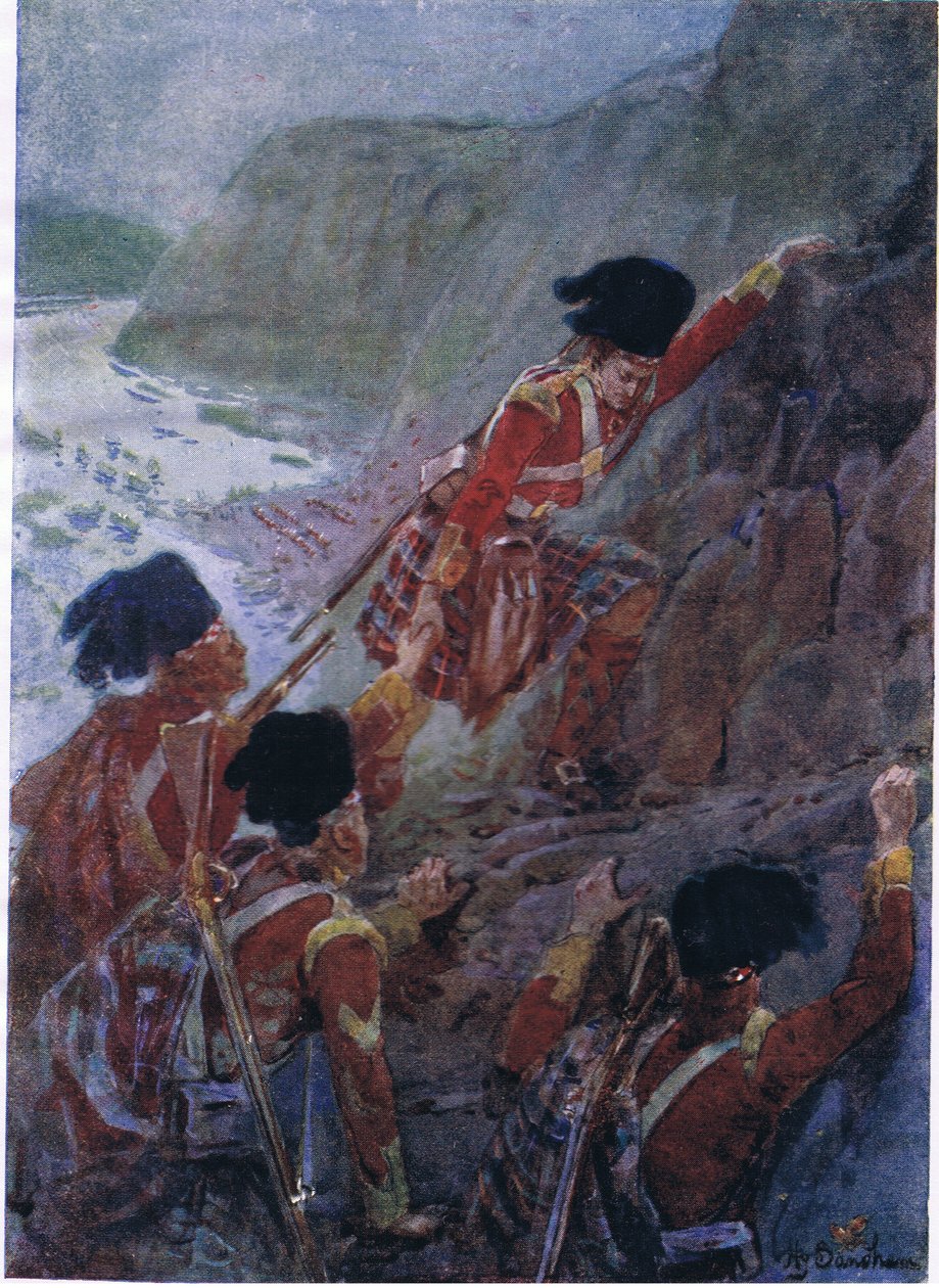O exército de Wolfe escalando os penhascos em Quebec 1759, c.1920 de Henry Sandham