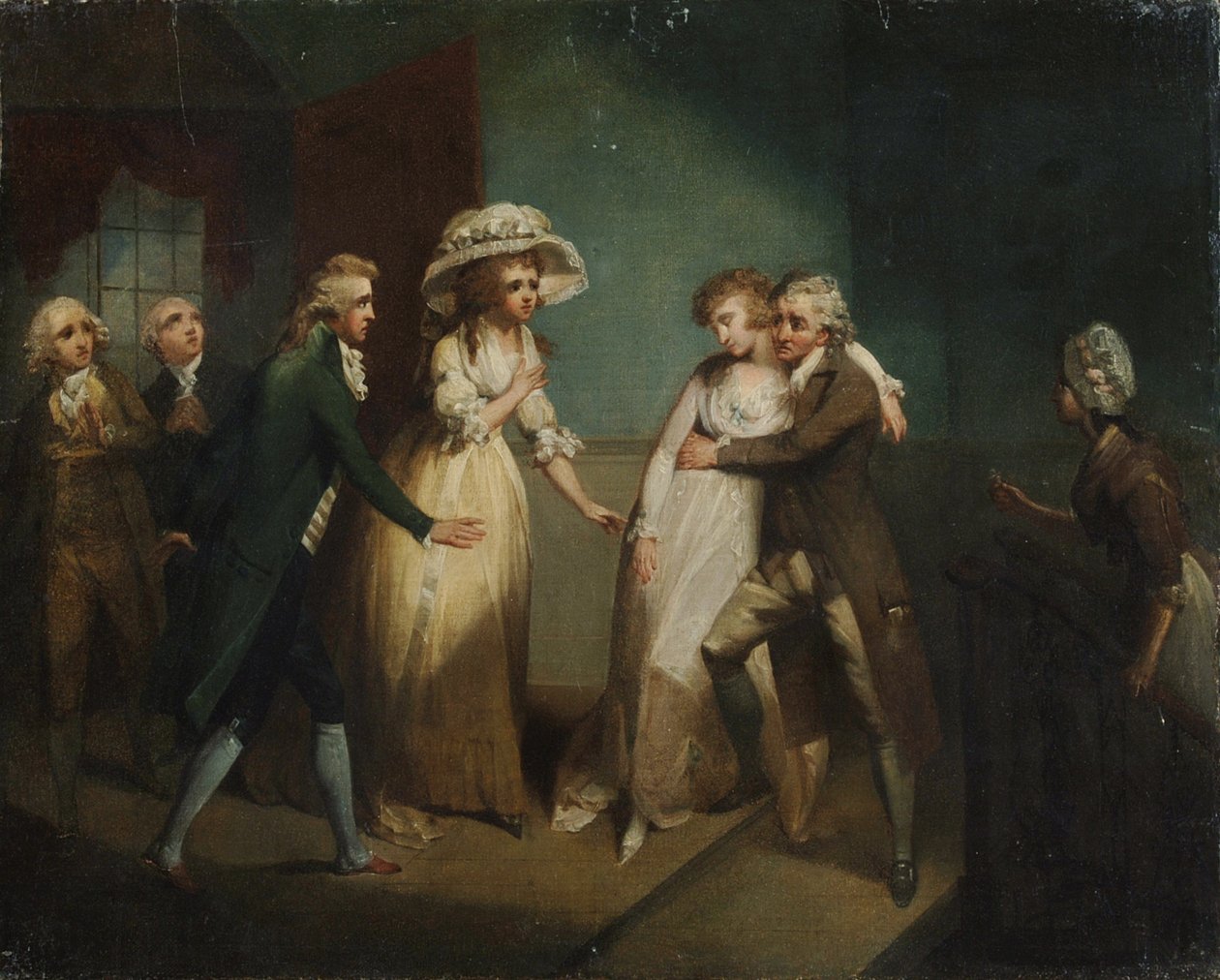 Camilla desmaiando nos braços de seu pai, ilustração de uma cena de &39;Camilla&39; ou &39;A Picture of Youth&39;, publicada em 1796 de Henry Singleton
