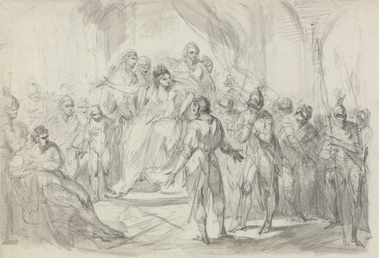 Stephen trouxe prisioneiro para Imperatriz Mathilda (giz preto e cinza no papel) de Henry Singleton