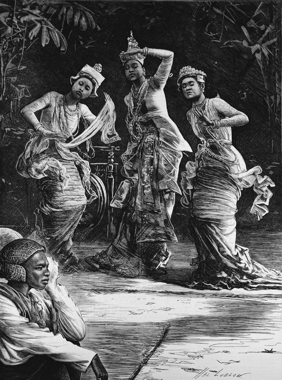 Meninas de balé birmanesas, como se apresentaram perante o vice-rei da Índia em Rangoon, de &39;The Illustrated London News&39;, 18 de fevereiro de 1882 de Henry Stephen Ludlow