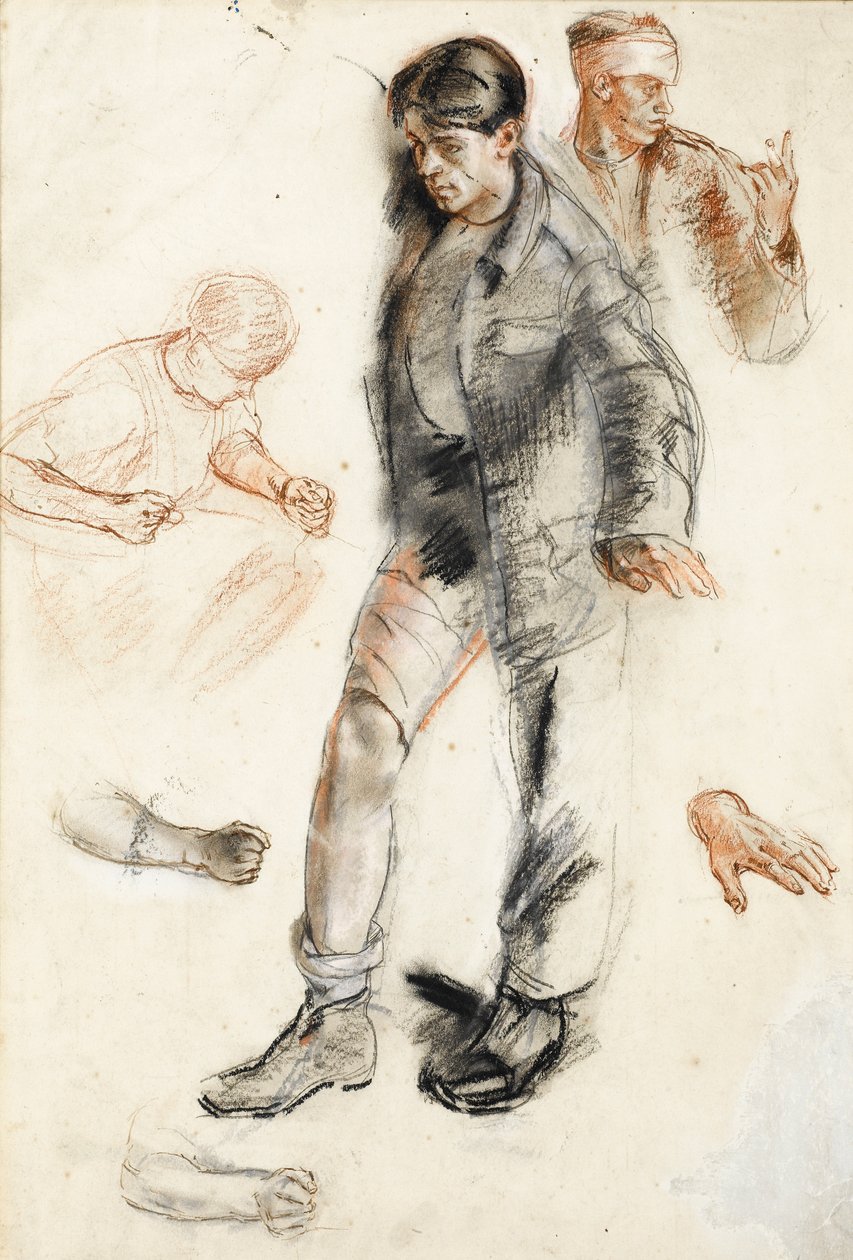 Estudo para um curativo avançado na França em 1918 (caneta e tinta com giz preto e vermelho sobre papel) de Henry Tonks