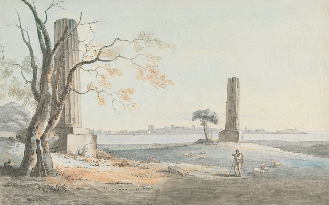 Restos do Templo de Júpiter de Olypian com uma visão de Ortygia, Siracusa de Henry Tresham