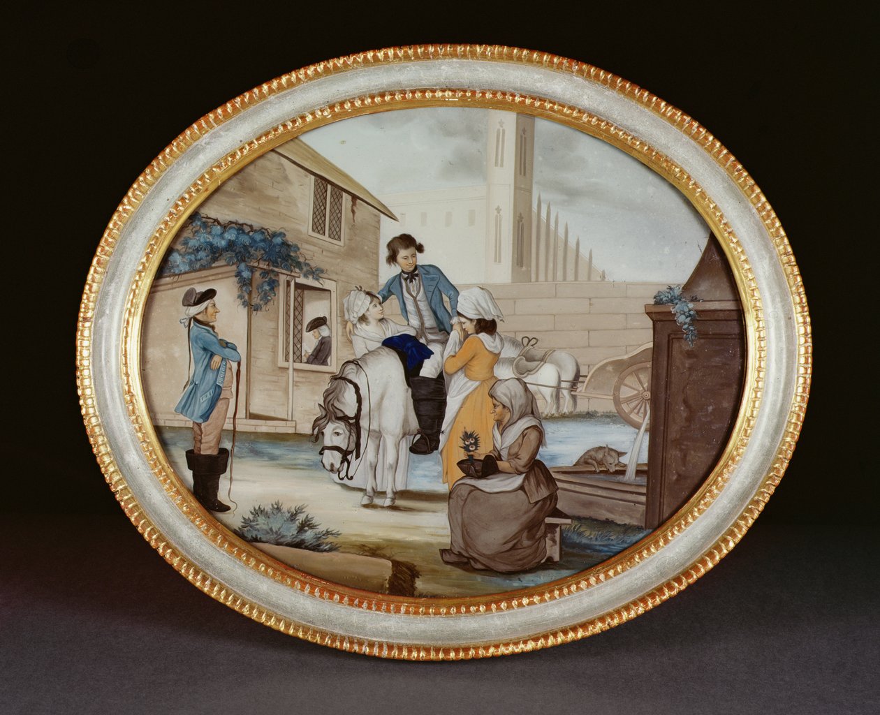 Uma pintura de vidro invertida mostrando uma cena de despedida do lado de fora de uma taverna, período de Qianlong (1736-95) c.1790 (vidro) de Henry W. Banbury