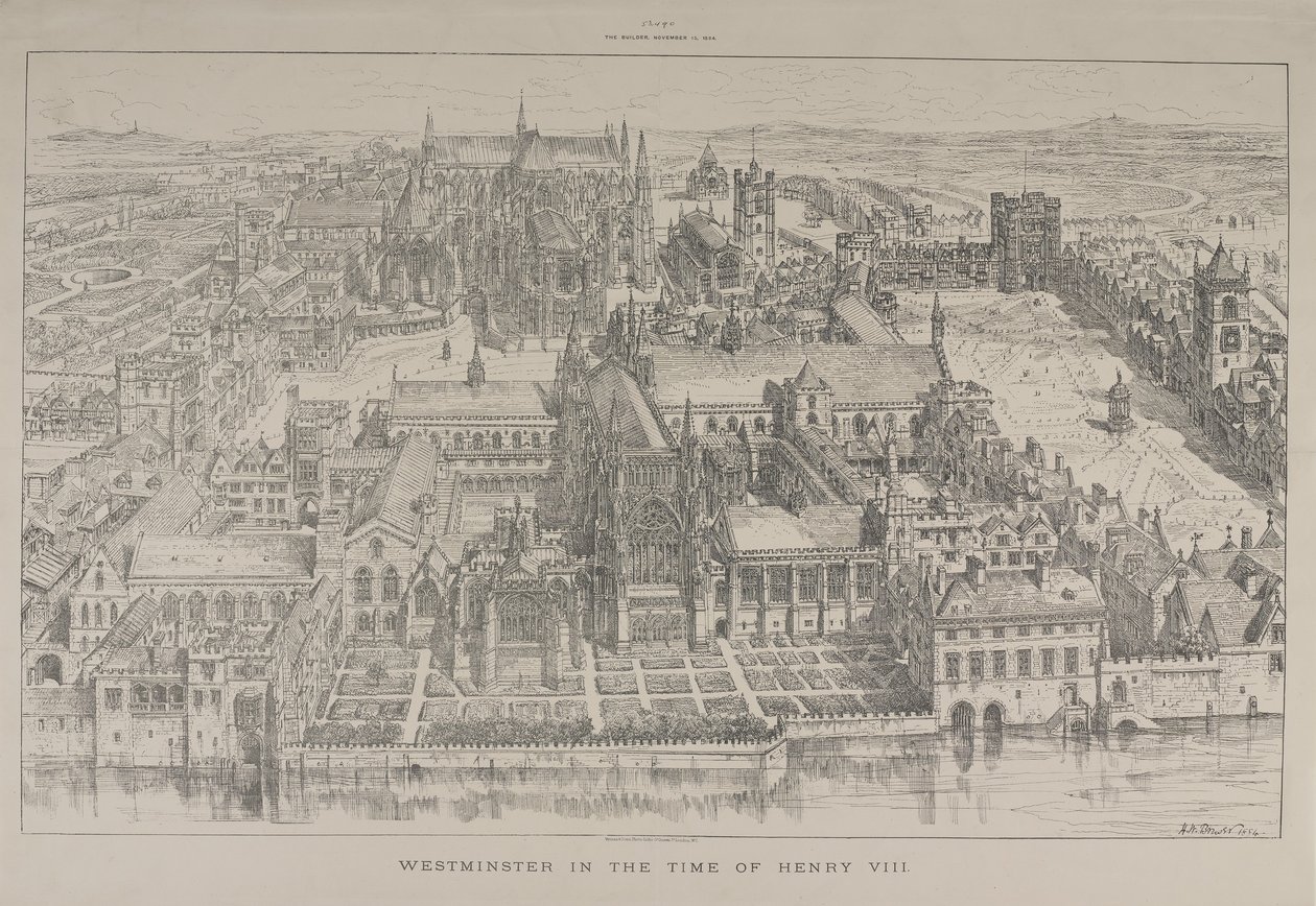 Vista aérea, de, abadia westminster, e, a, palácio westminster, em, a, tempo, de, Henry, VIII, 1884 de Henry William Brewer
