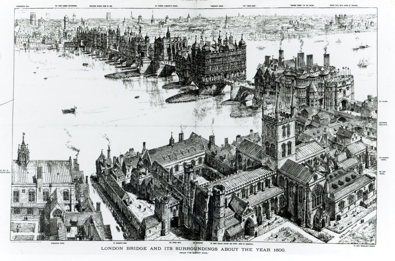 Ponte de Londres e seu entorno por volta do ano 1600, da "Old London Illustrated, uma série de desenhos que ilustram Londres no século XVI", 1884 de Henry William Brewer