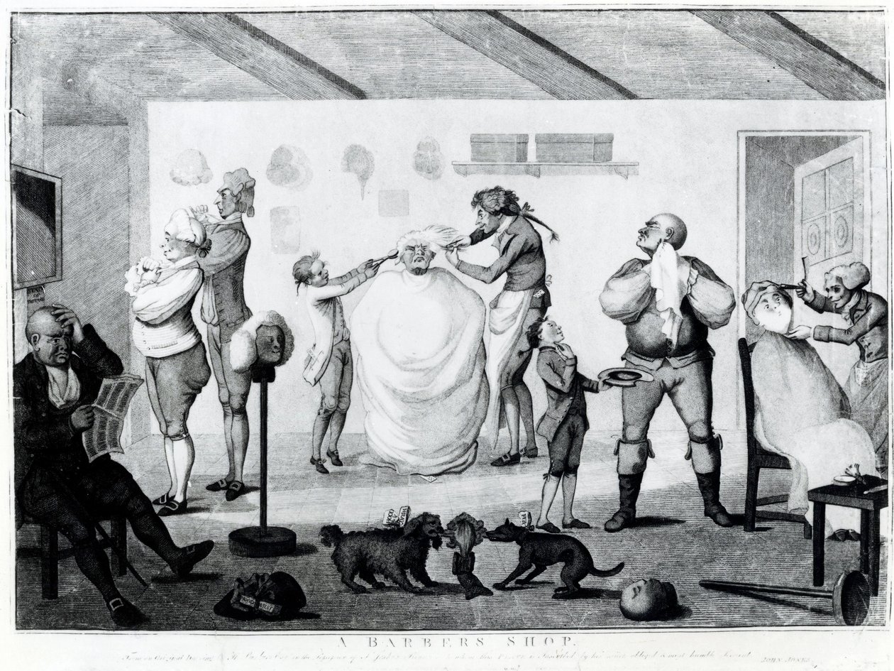 Uma barbearia, publicada por William Dickinson (1746-1823), 1785 de Henry William Bunbury
