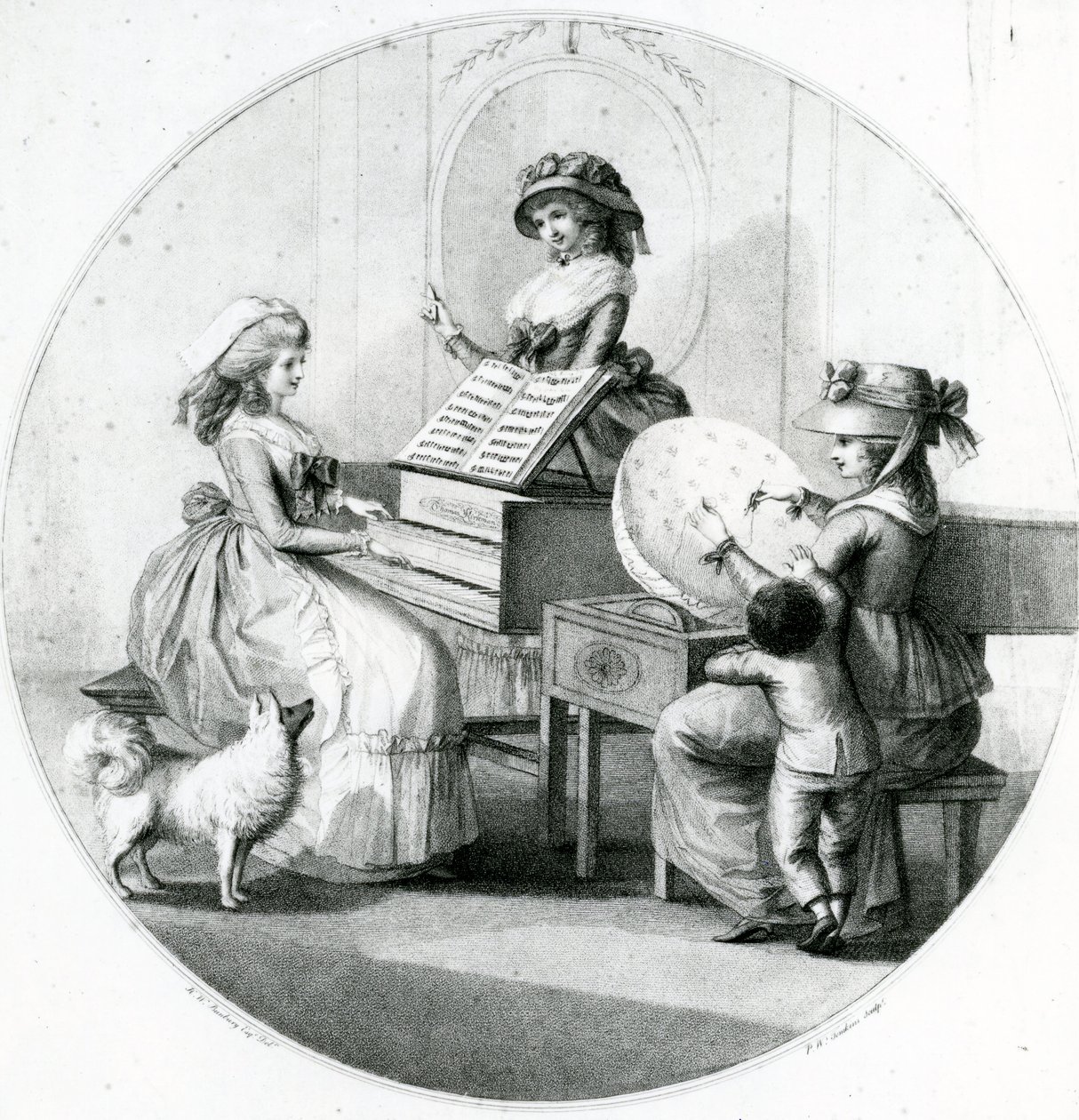 Empregos da manhã, três meninas novas com Spinet e Bordar de Henry William Bunbury