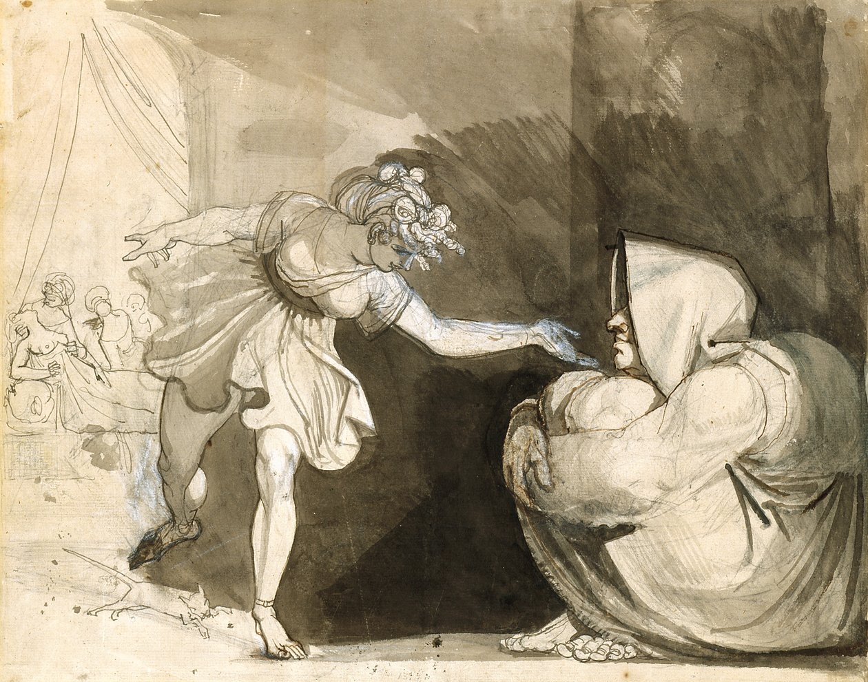 Galinthias supera Eileithyia Anunciando o Nascimento de Heracles (Verso: Retrato da Sra. Fuseli) (grafite, tinta e lavagens de tinta com tinta branca sobre papel branco) de Henry (1741 1825) Fuseli