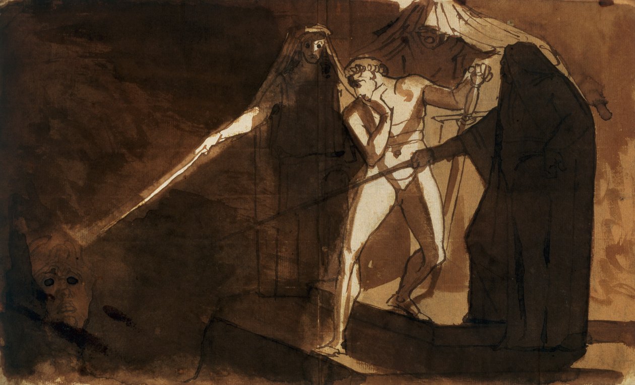 Macbeth e as três bruxas mostrando-lhe a cabeça armada (aquarela) de Johann Heinrich Füssli