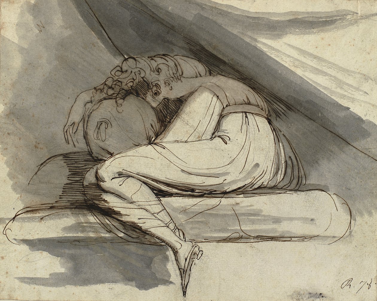 Mulher sentada, enrolada, após 1778 (lápis, caneta, tinta marrom e aguada cinza) de Henry  Fuseli