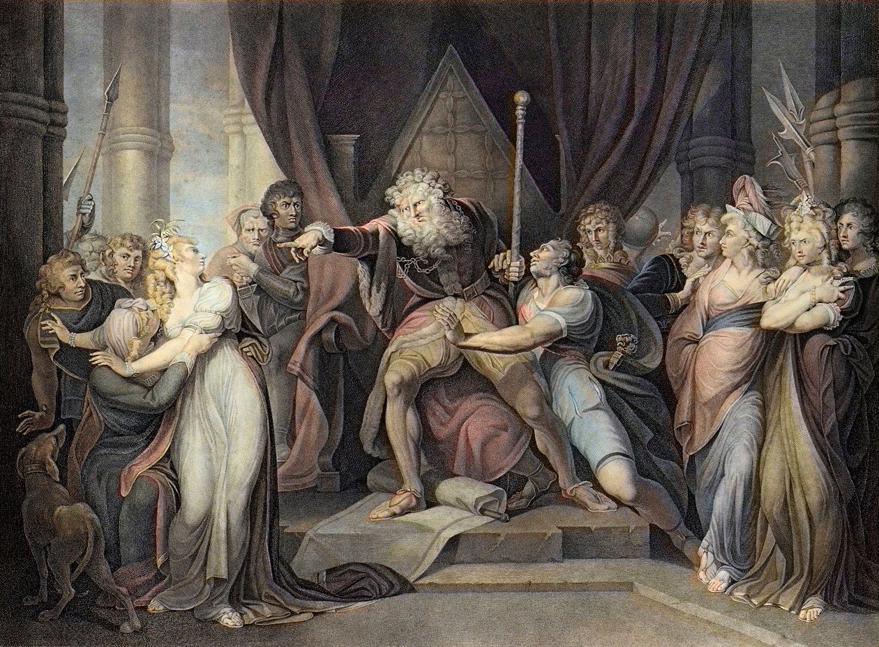 Shakespeare - Rei Lear - Rei Lear - Ato I Cena I. - Rei Lear Lançando Sua Filha Cordelia - gravura depois de Henry Fuseli de Henry  Fuseli