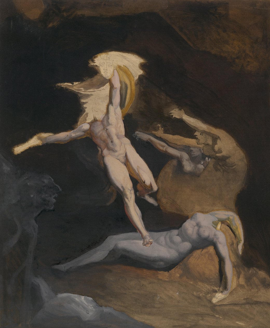 Perseus Slaying the Medusa (óleo e óleo de lavagem, sobre grafite com toques de caneta e tinta preta, sobre papel bronzeado, deitado sobre papel japonês quase branco) de Henry (1741 1825) (attr.to) Fuseli