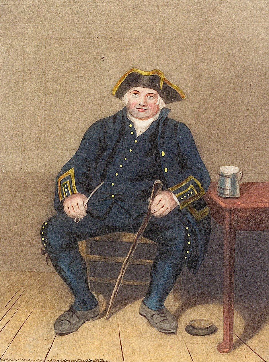 Retrato de um reformado de Greenwich, sentado com cachimbo de barro e caneca (água-tinta) de Henry (after) Dawe