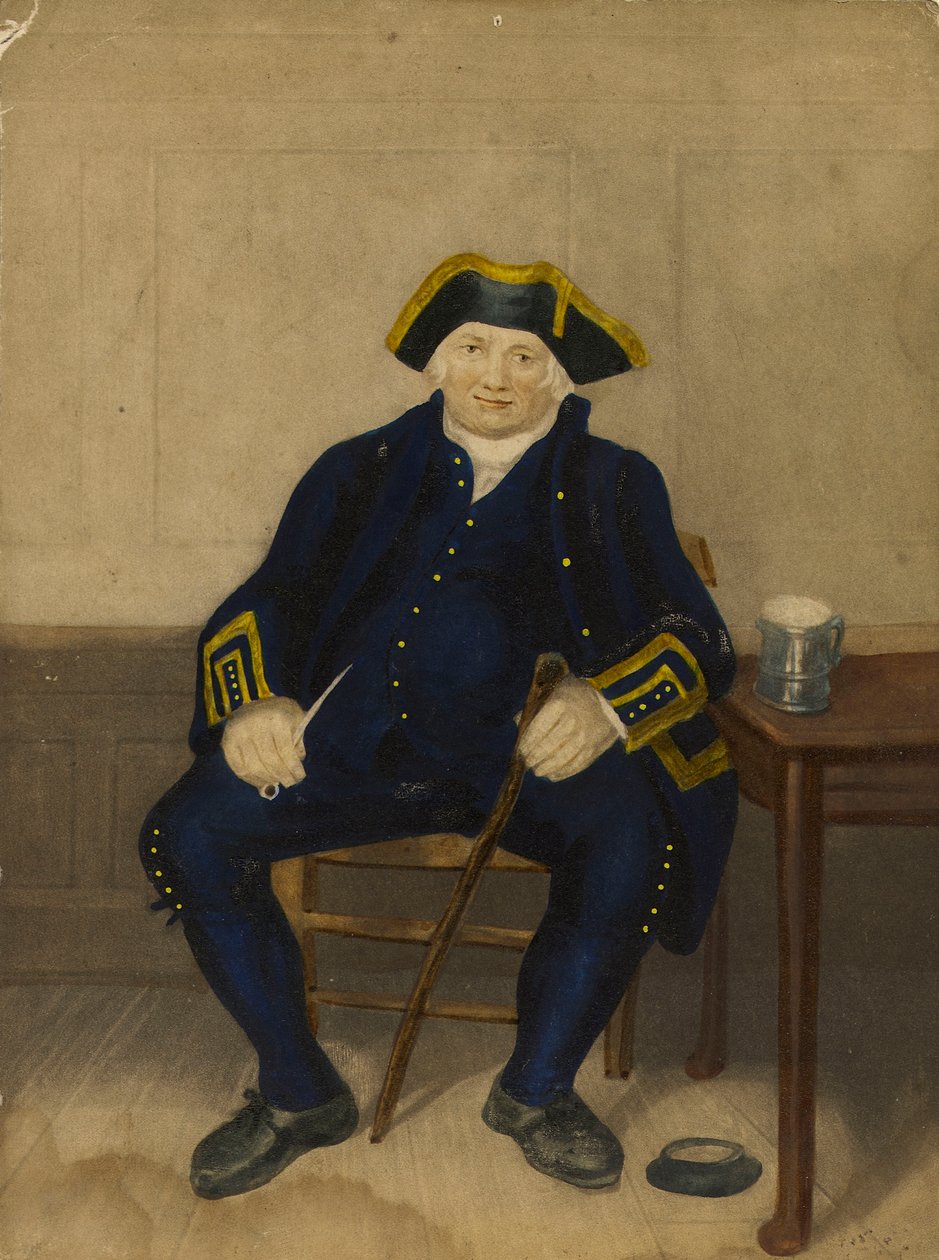 Retrato de um reformado de Greenwich, sentado com cachimbo de barro e caneca (água-tinta) de Henry (after) Dawe