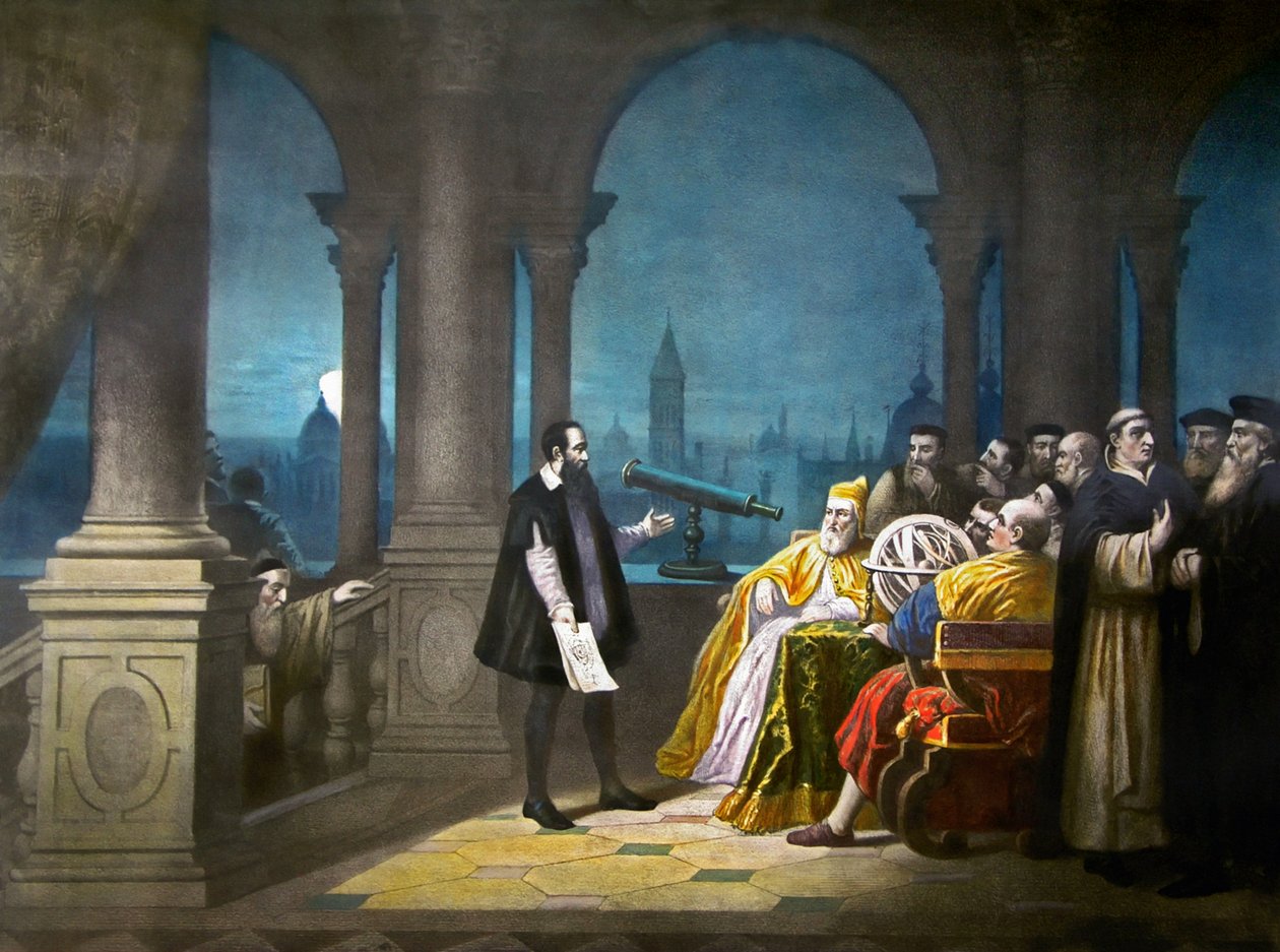 Galileu Galilei demonstrando o seu telescópio a Leonardo Donato, Doge de Veneza e ao Senado veneziano em 1609, c.1900 (litografia) de Henry (after) Detouche