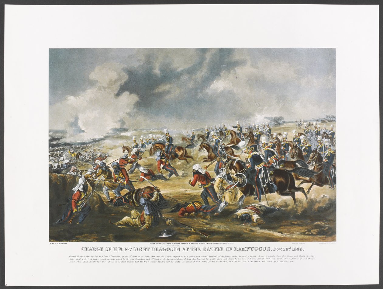 Carga de H.M. 14th Light Dragoons na Batalha de Ramnuggur, 22 de Novembro de 1848, gravada por J. Harris, c.1851 (fotolito a cores) de Henry (after) Martens