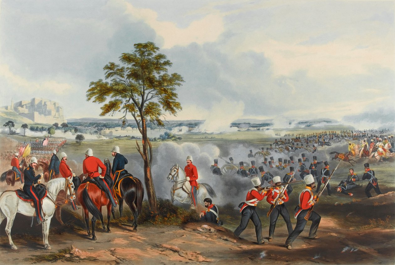 A Batalha de Goojerat, 21 de Fevereiro de 1849 (aquatint, colorido) de Henry (after) Martens