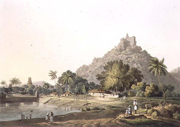 Pagodes em Trinchicunum, placa XI, gravada por Daniel Havell (1785-1826) 1809 (gravura) de Henry (after) Salt