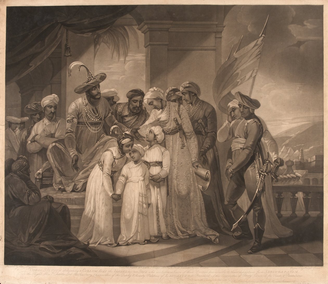 Tippoo Sultaun entregando a Gullumalli o Vakeel seus dois filhos (litografia) de Henry (after) Singleton