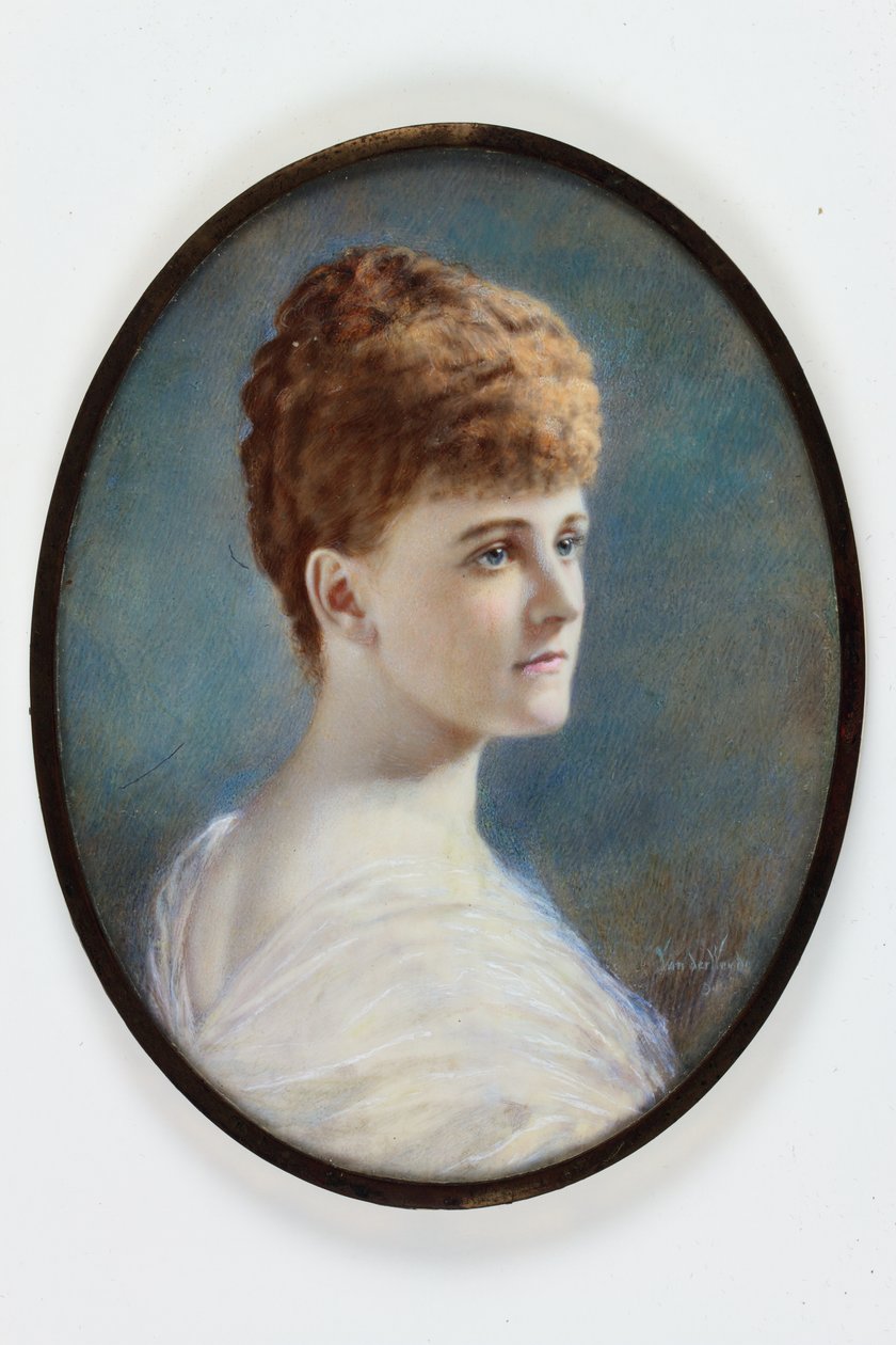 Uma senhora com um vestido branco, provavelmente Frances Evelyn (Daisy) Greville, nee Maynard, Lady Brooke, mais tarde Condessa de Warwick. de Henry (attr.to) Van der Weyde
