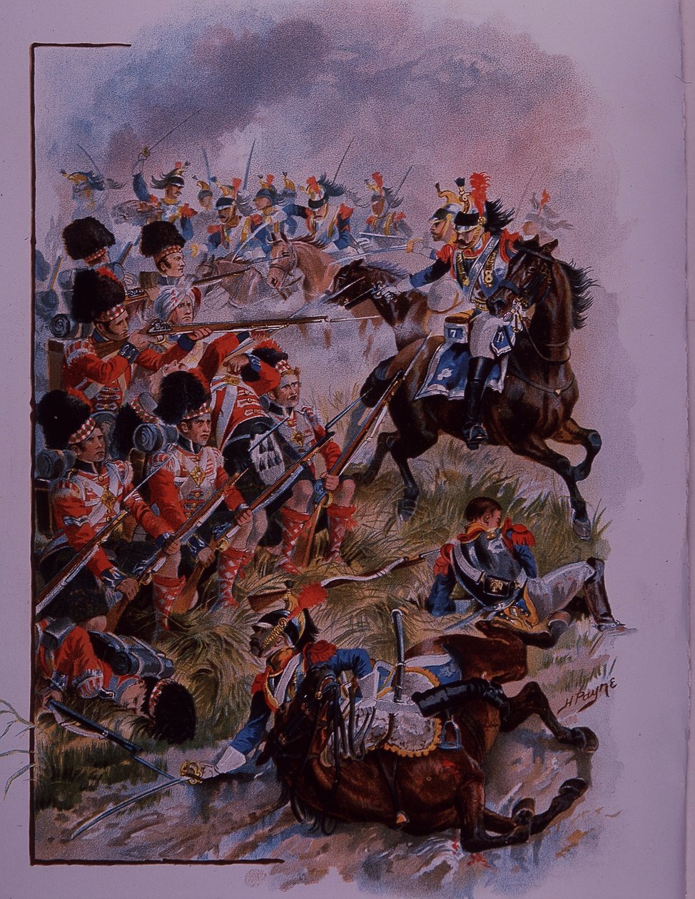 Soldados das Highlands formam praça contra a cavalaria francesa em Quatres Bras de Henry A. Payne