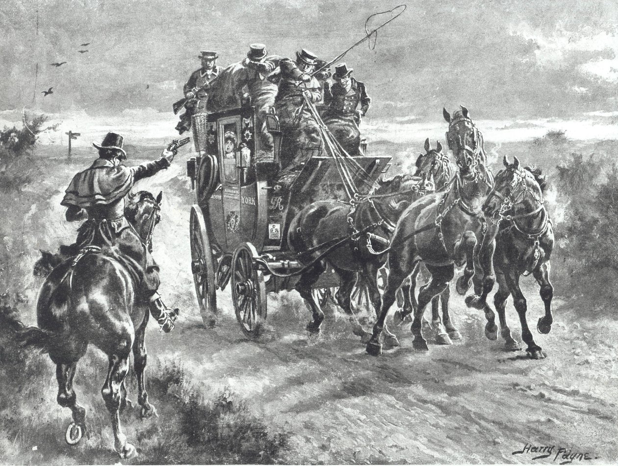 "Stand and Deliver", o homem da estrada segura a diligência no início do século XIX (litho) de Henry A. Payne