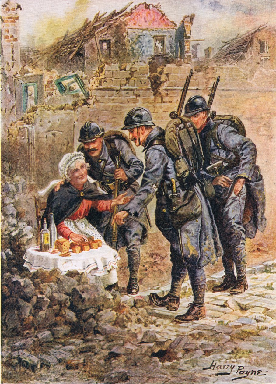 Uma mulher adulta que vende bolos entre as casas de queda de Verdun, ilustração das ações bravas por homens bravos por C. Sheridan Jones, bar. 1922 de Henry A. 1868 1940 Payne