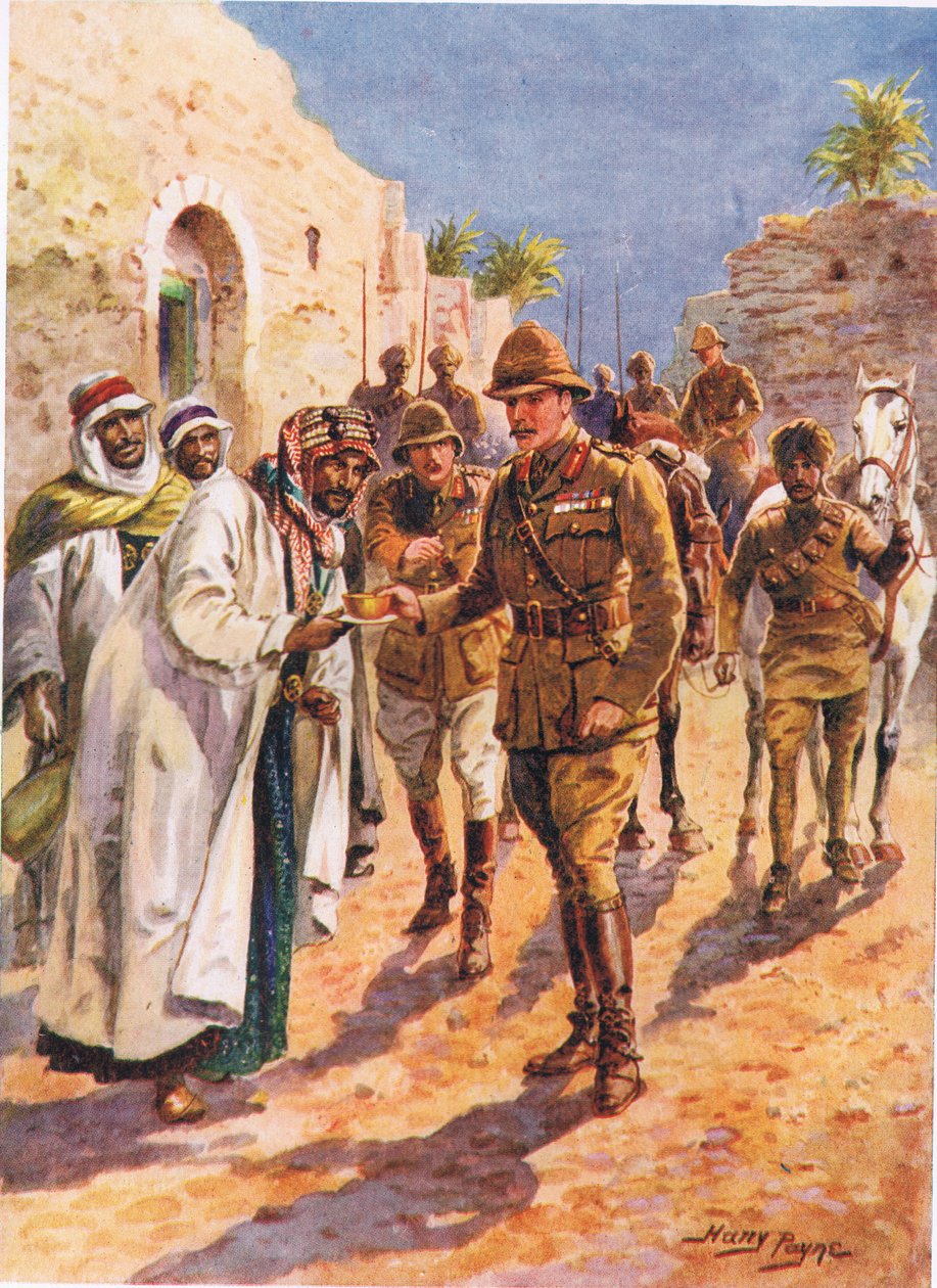 A hospitalidade árabe dos Sheikhs ao general Maude, ilustração das ações bravas por homens bravos, por C. Sheridan Jones, bar. 1922 de Henry A. 1868 1940 Payne