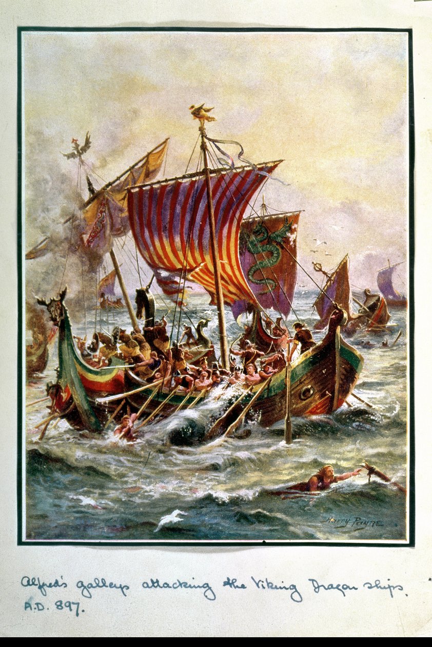 As galeras de Alfredo atacando os navios do Dragão Viking, 897 dC, ilustração da "História da Nação Britânica" de Hutchison, c.1920 de Henry A. Payne