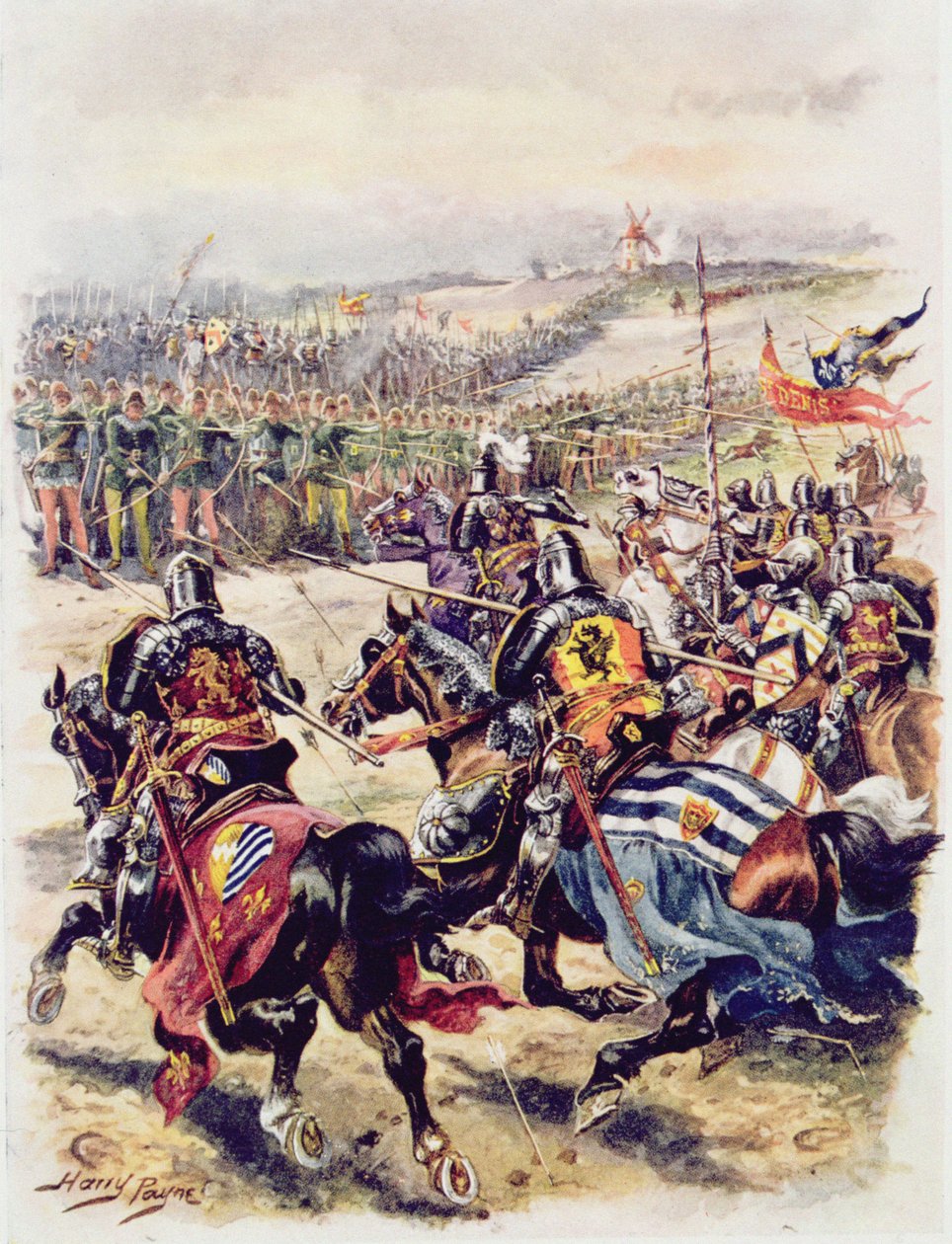Carga da Cavalaria Francesa, ilustração de "Batalhas Gloriosas da História Inglesa" do Major CH Wylly, década de 1920 de Henry A. Payne