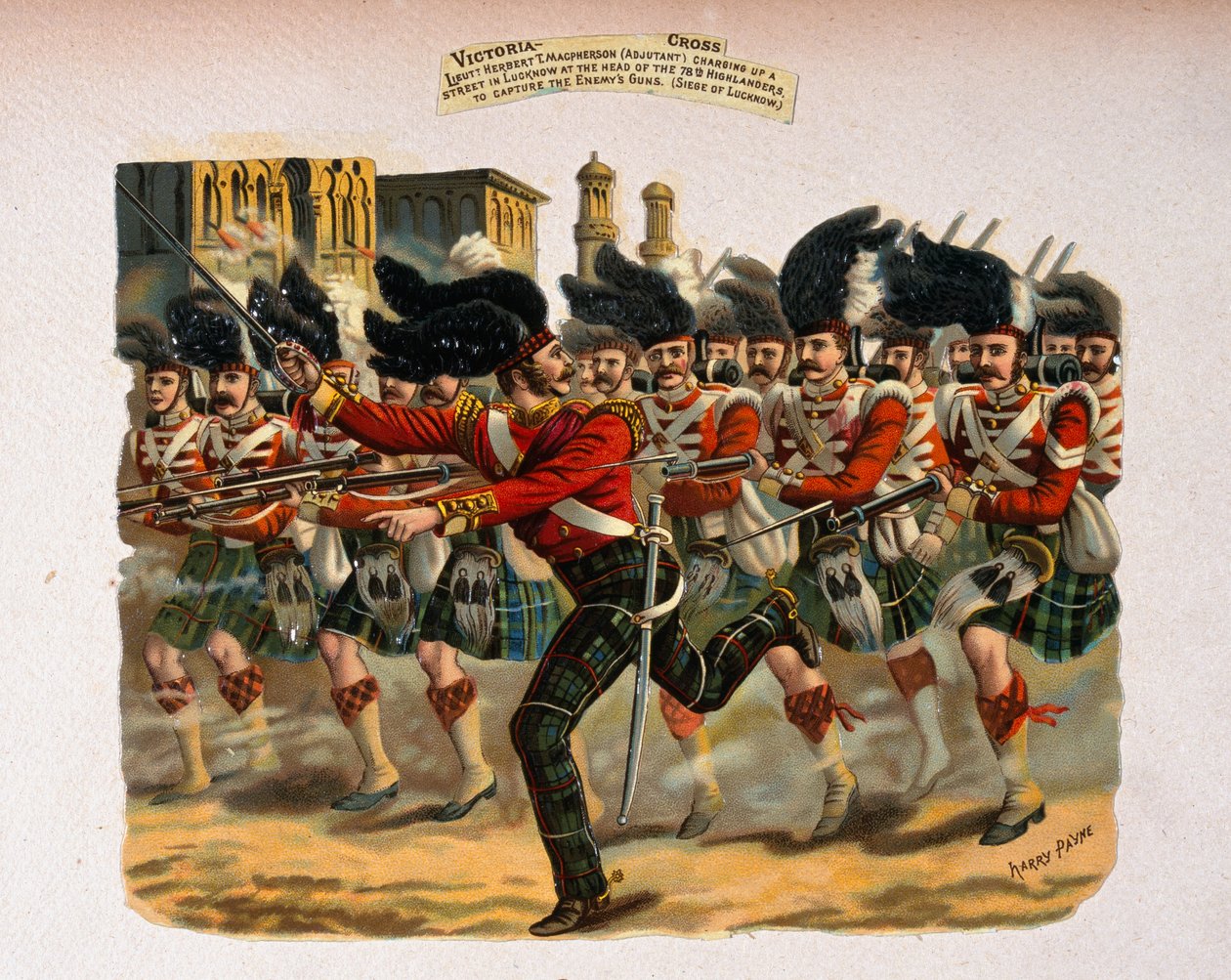 Tenente Herbert T. Macpherson carregando uma rua em Lucknow à frente do 78º Highlanders, de uma série intitulada &39;Victoria Cross Gallery, 1854-84&39;, publicada em 1890 de Henry A. Payne