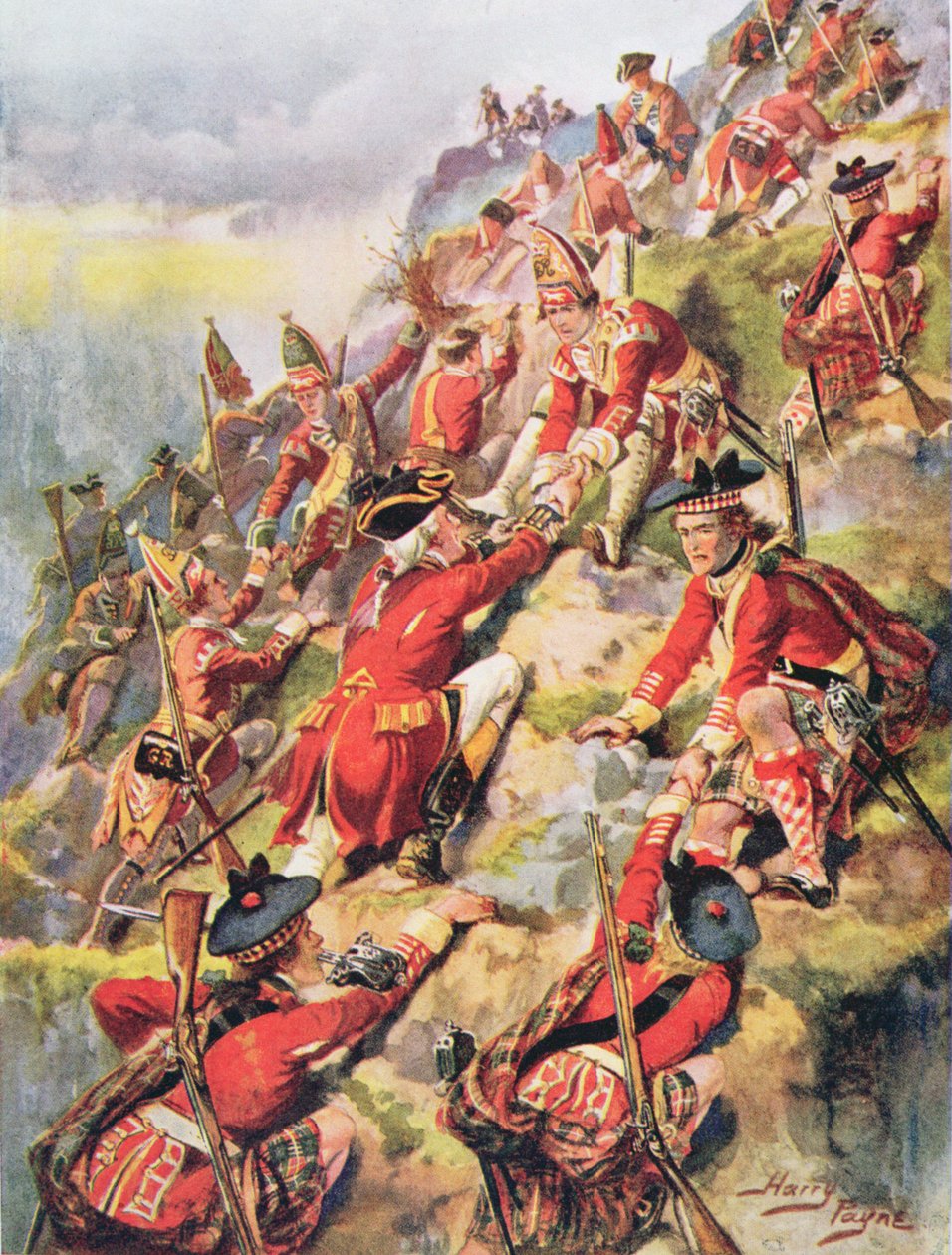 Escalando as Alturas de Abraão, ilustração de "Batalhas Gloriosas da História Inglesa" pelo Major CH Wylly, na década de 1920 de Henry A. Payne
