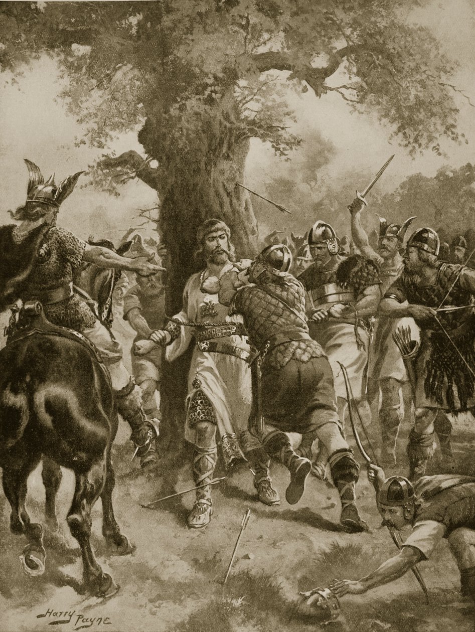 St. Edmund Slain pelos dinamarqueses, 870 dC, ilustração da "Hutchinson&39;s Story ofthe British Nation", c.1920 de Henry A. Payne