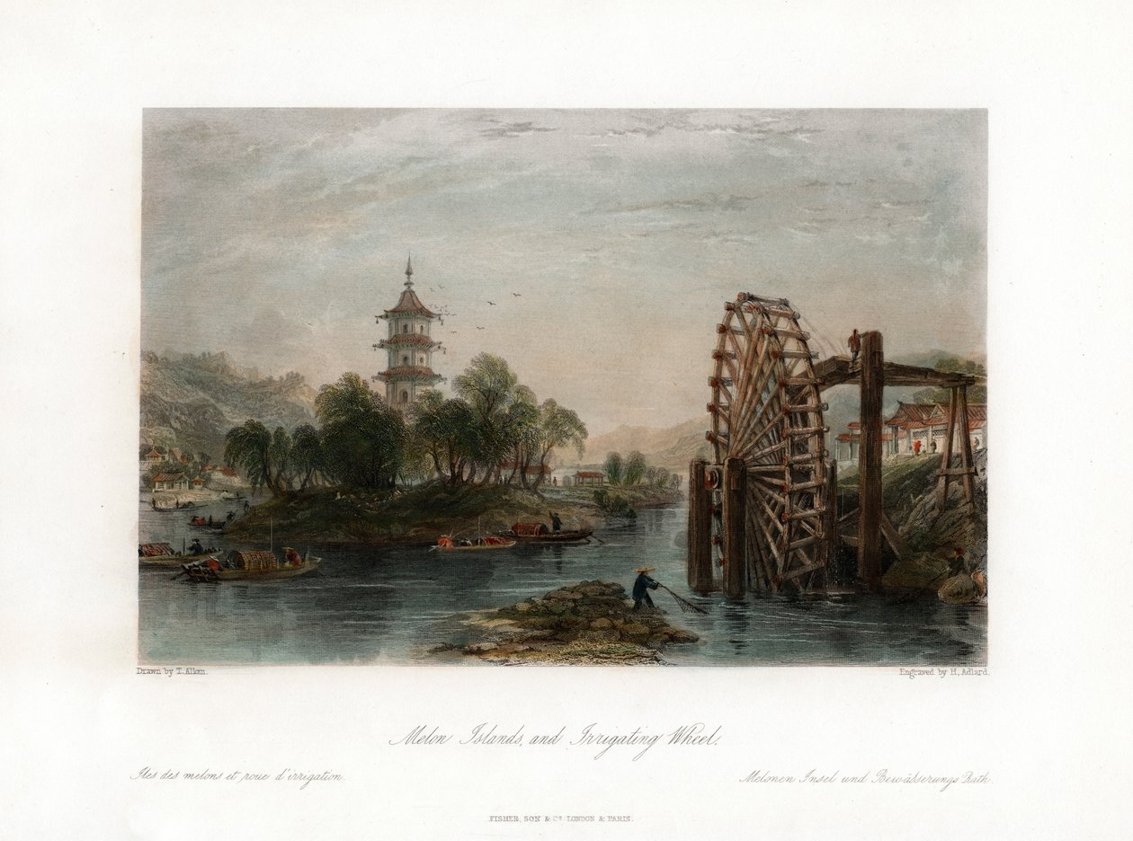 Ilhas Melão e Roda de Irrigação, China, c1840. de Henry Adlard