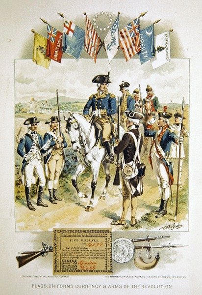Bandeiras Americanas, Uniformes, Moeda e Armas da Revolução, ilustração da "História Padrão dos Jovens dos Estados Unidos", impressa pela Woolfall Company de Henry Alexander (after) Ogden
