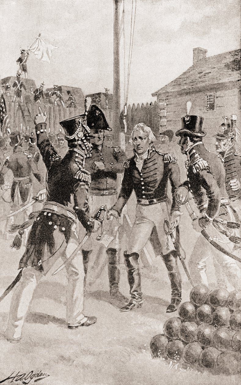 General de brigada William Hull se rende ao forte e cidade de Detroit, Michigan, América durante o cerco de Detroit, de The History of Our Country, publicado em 1905 de Henry Alexander Ogden