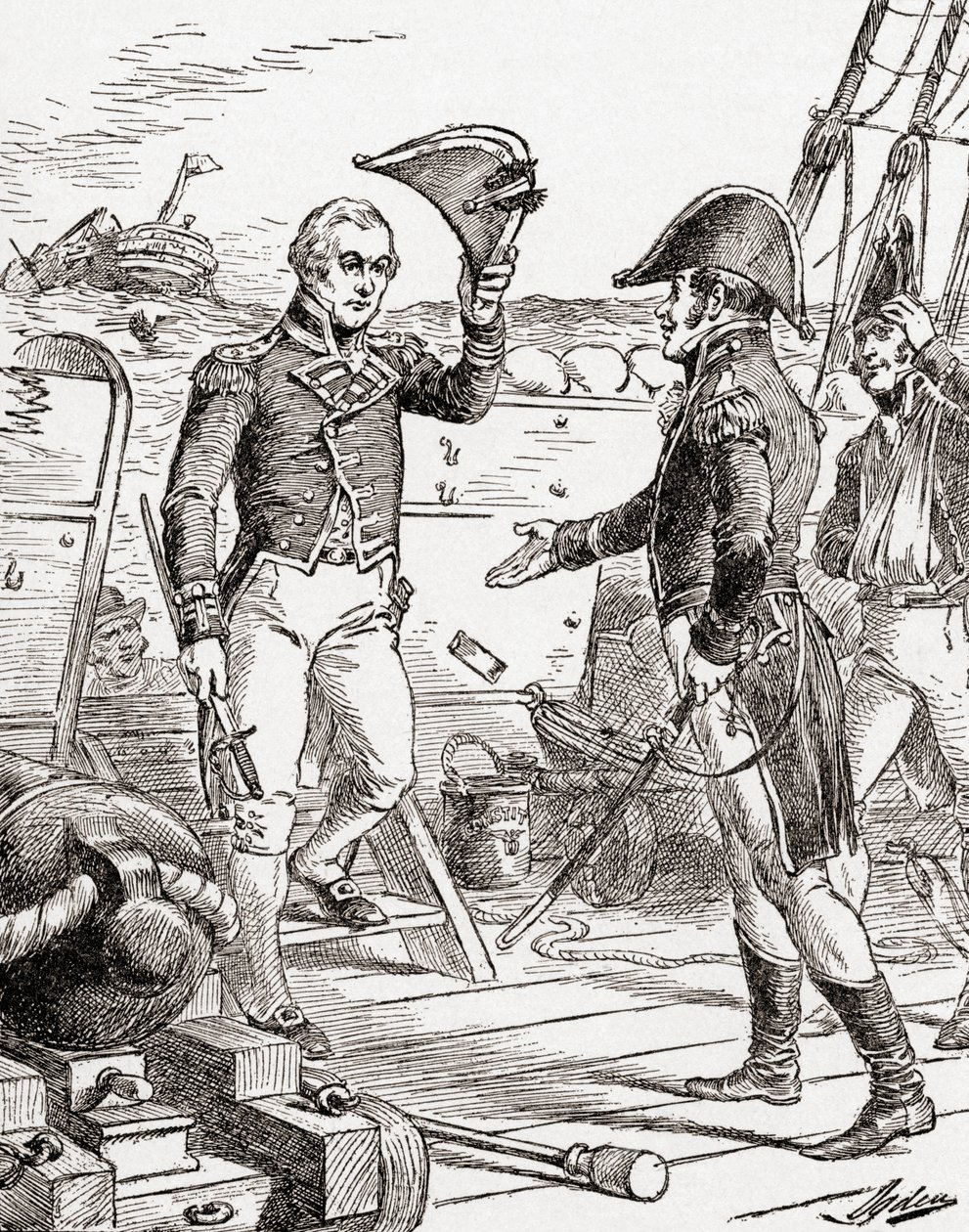 O capitão Dacres do HMS Guerriere se rende e oferece sua espada ao Capitão Hull a bordo da Constituição do USS após sua derrota durante a Guerra de 1812, de The History of Our Country, publicado em 19 de Henry Alexander Ogden