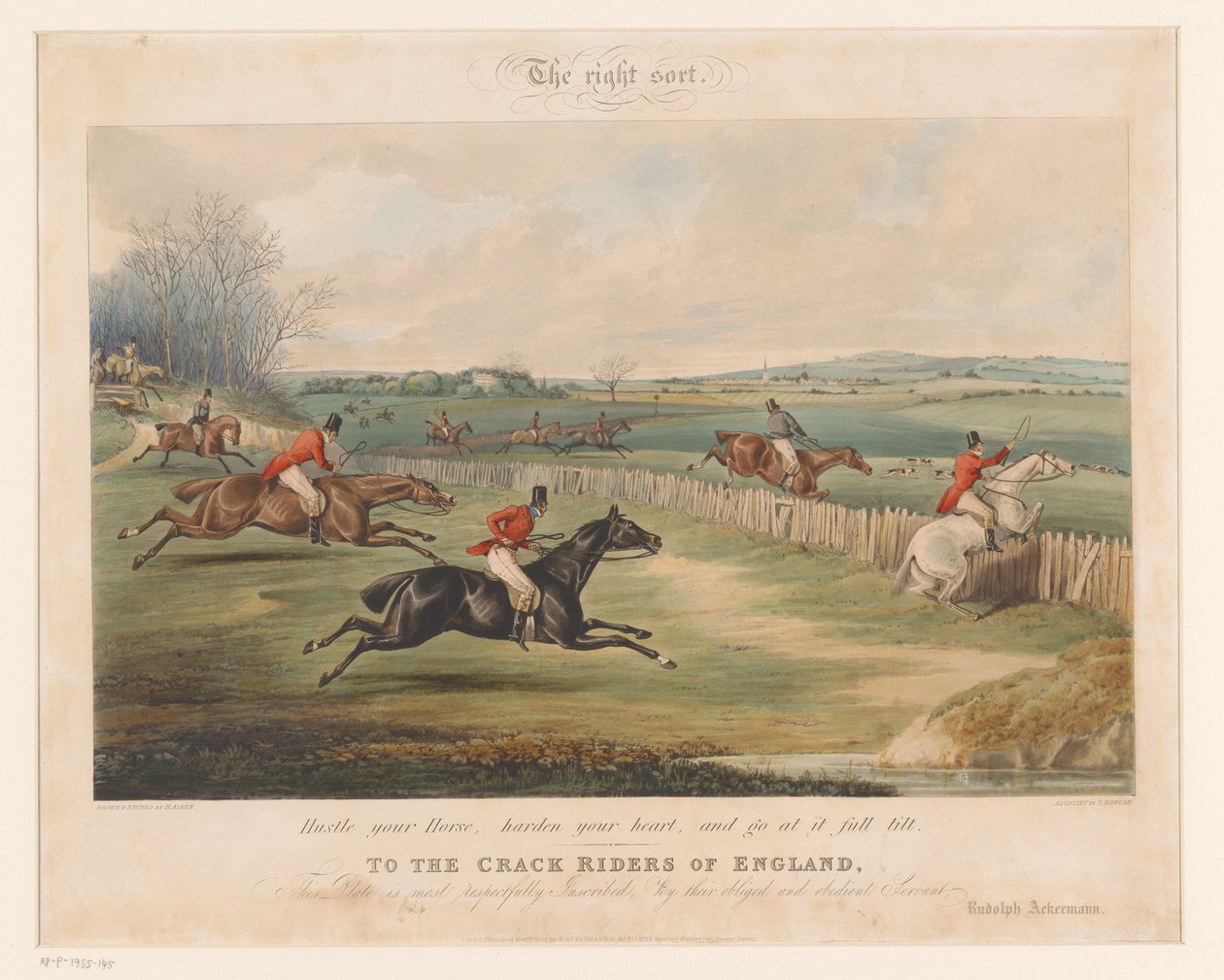 Cavalos de caça com cavaleiros saltam sobre cercas A classificação certa (título no objeto) de Henry Alken (I)