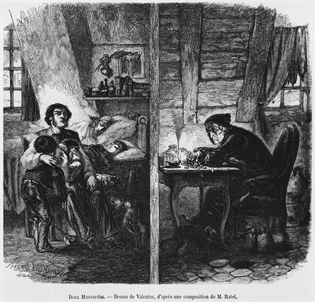 Dois, garrets, ilustração, de, &39;Le, Magasin, Pittoresque&39;, paris, 1855 de Henry Augustin Valentin