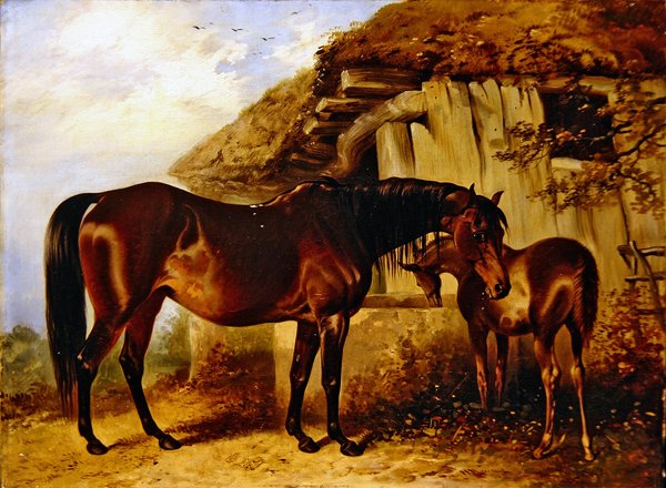 Égua e potro (óleo a bordo) de Henry Barraud