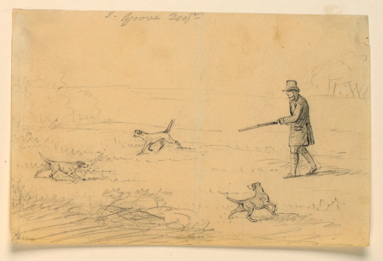 Estudo de um cavalheiro com três cães, caçando de Henry Bernard Chalon