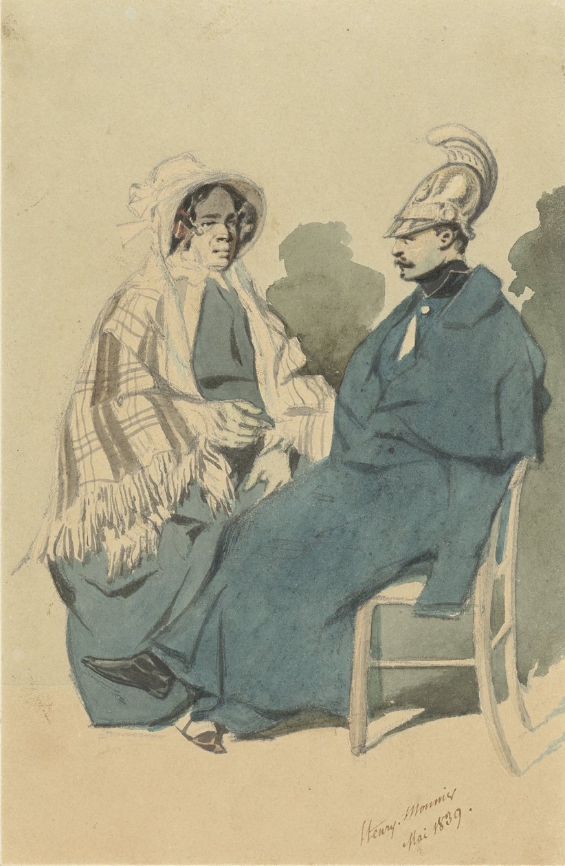 Kurassier com capacete e casaco azul, sentado ao lado de uma senhora idosa na casa de banho de viagem de Henry Bonaventure Monnier