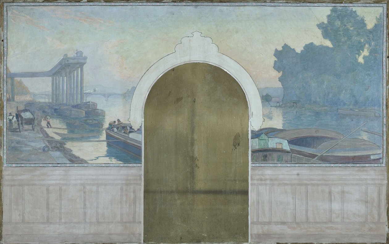 Esboço da sala de casamentos da Câmara Municipal de Asnières: Paisagem. Barcaças no Sena, com a ponte de Asnières, cerca de 1900 (óleo sobre tela) de Henry Bouvet