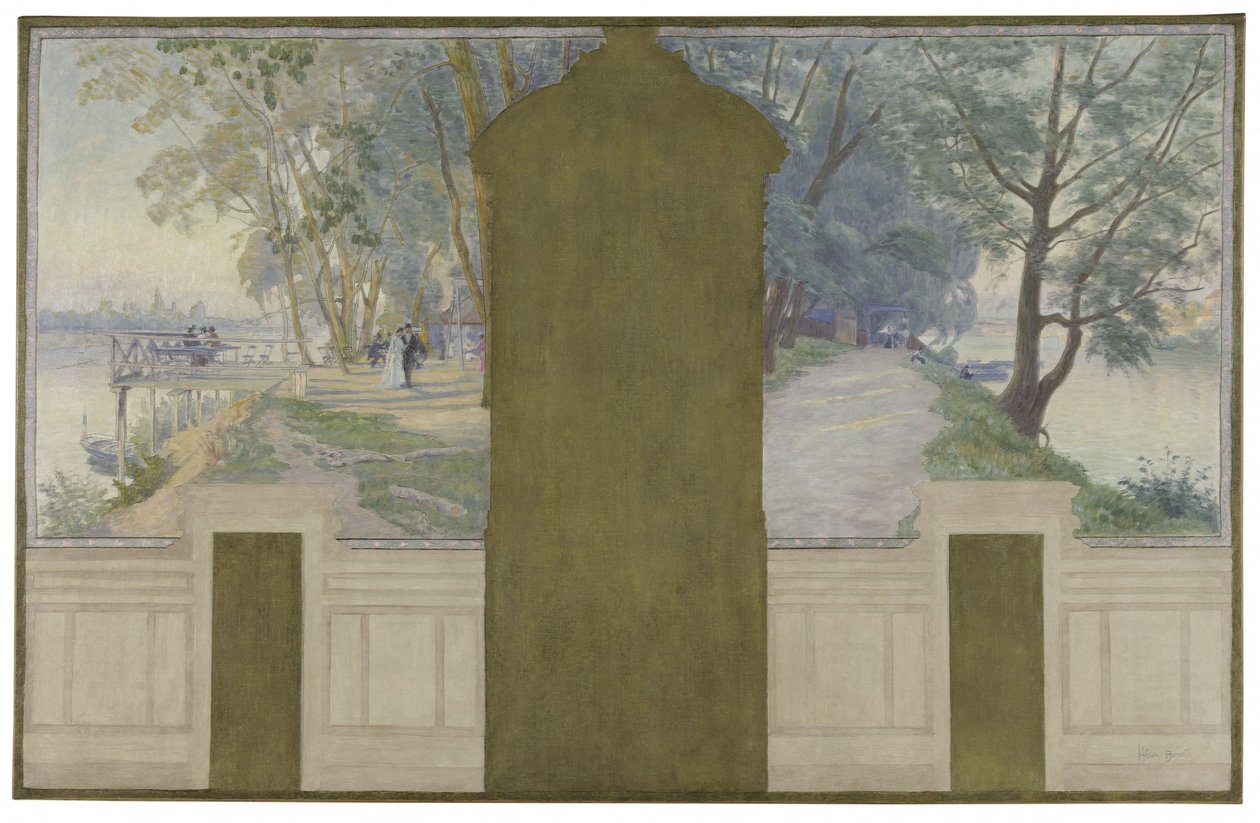 Esboço para a sala de casamentos da Câmara Municipal de Asnières: Paisagens. O Sena com as pontes de Saint-Ouen e Courbevoie, cerca de 1900 (óleo sobre tela) de Henry Bouvet