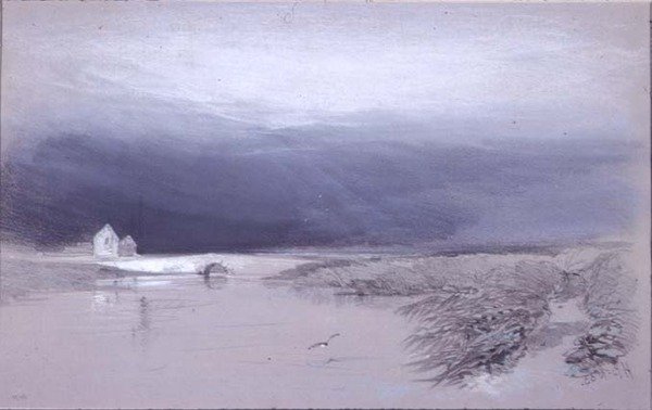 Paisagem com rio e ponte: chuva chegando de Henry Bright
