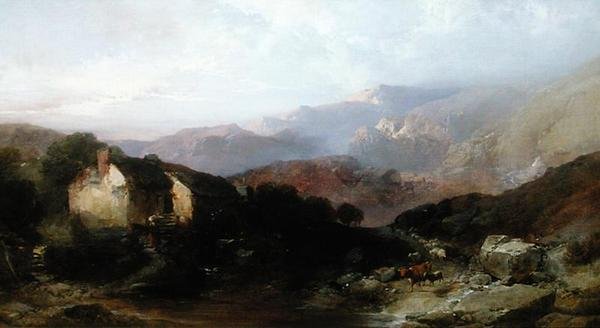 Vista no Norte do País de Gales com Moinho Excedido, Gado e Ovelhas (óleo sobre tela) de Henry Bright
